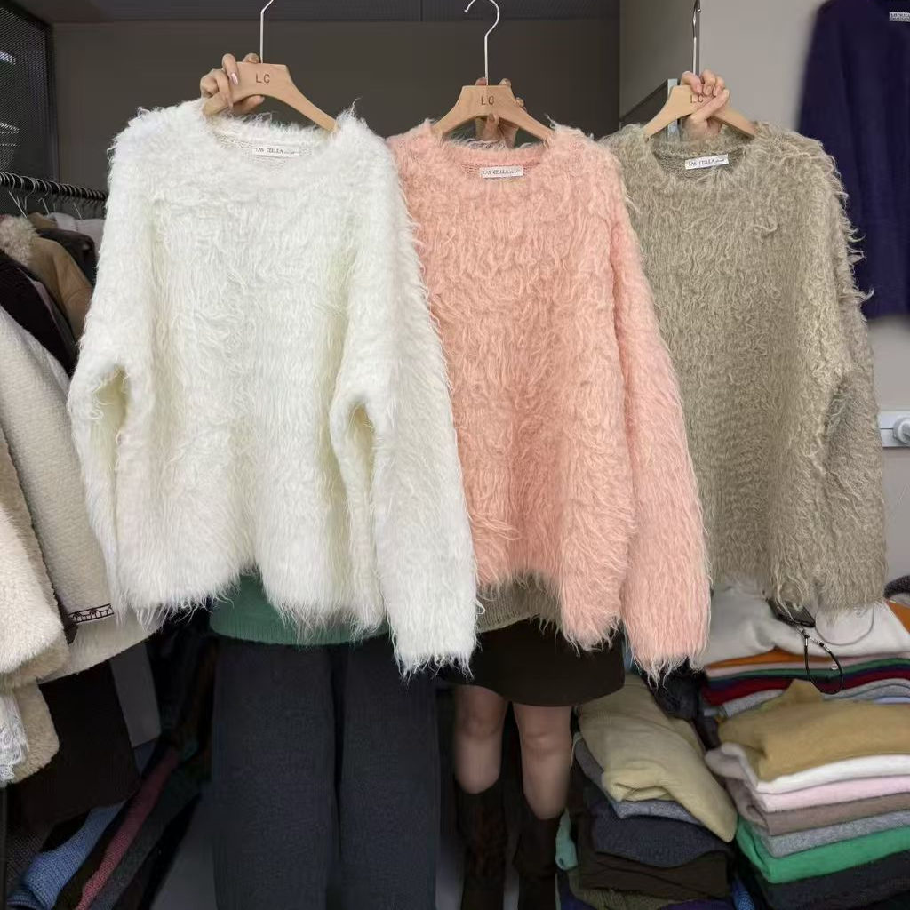 毛茸茸圆领宽松毛衣女套头针织衫