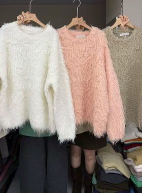 LAS CELULA正品实体店同款毛茸茸圆领宽松毛衣女套头针织衫上衣潮