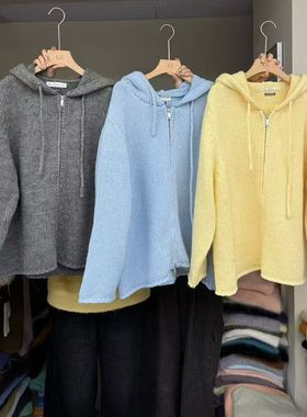 LAS CELULA正品实体店同款韩系宽松连帽拉链针织开衫女纯色毛衣潮