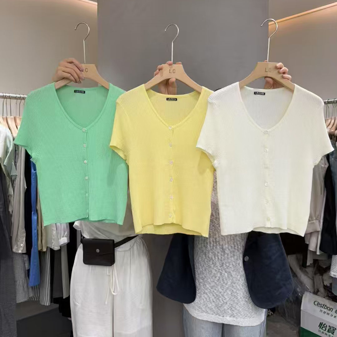 单排扣短袖针织衫短款上衣女