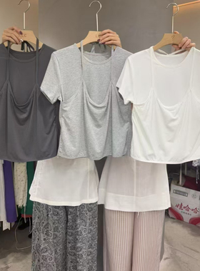 LASCELULA正品实体店同款韩系假两件吊带设计白色短袖T恤女上衣潮