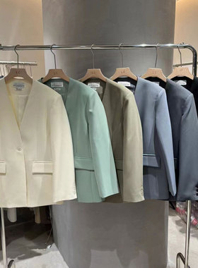 LASCELULA实体店同款灰色V领长袖西装外套女宽松西服上衣时尚套装