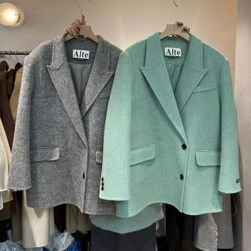 双面羊毛西装领中长款毛呢外套女