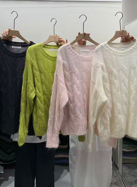 LAS CELULA正品实体店同款韩系圆领麻花马海毛毛衣女慵懒风羊毛衫