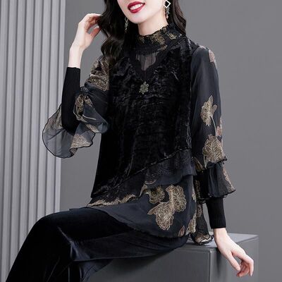 200斤自制贵夫人高端丝绒上衣女