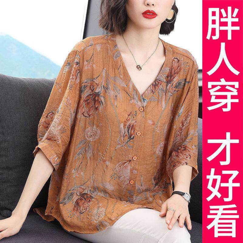 《专柜大码》衬衫女夏装薄款宽松胖mm中老年复古休闲时尚半袖上衣