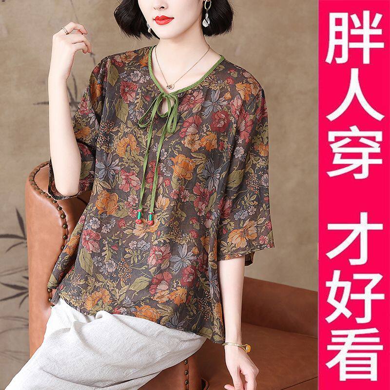 200斤自制大码苎麻上衣2025夏款文艺复古系带碎花宽松显瘦T恤衫