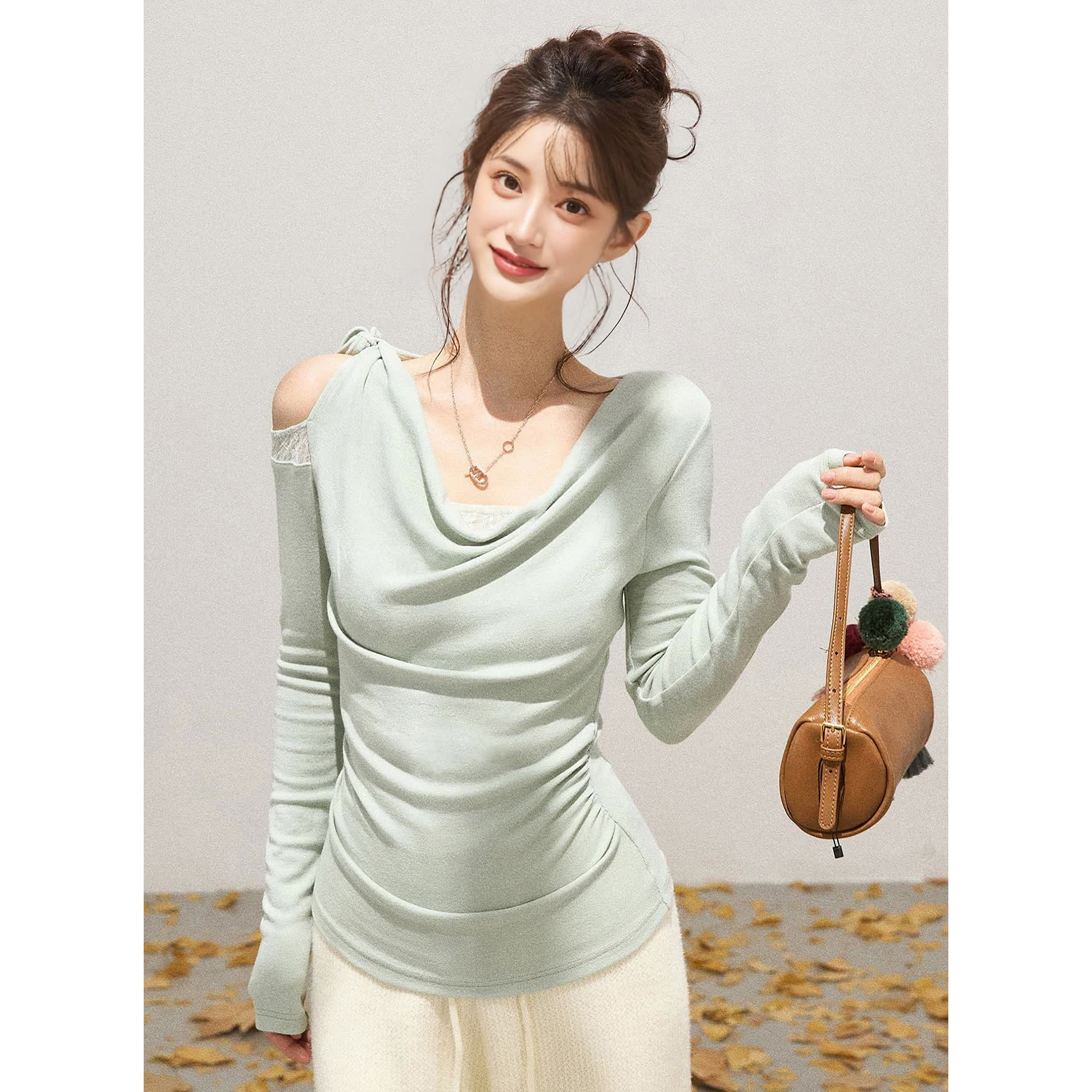 Mostar 蕾丝拼接荡领假两件长袖T恤女秋冬掐腰修身设计感打底上衣