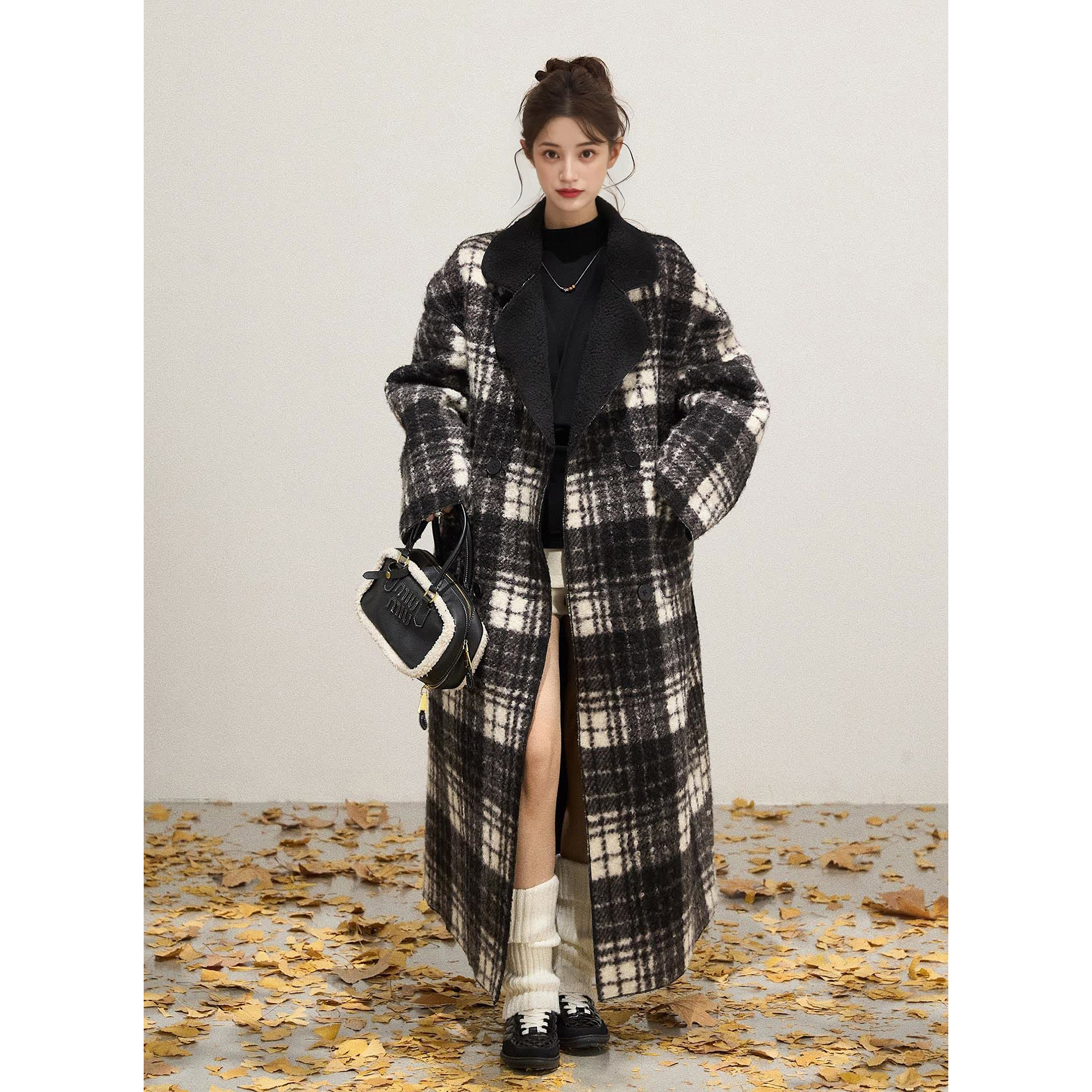 Mostar 双面穿格纹翻领毛呢外套女秋冬新款气质宽松长款保暖大衣