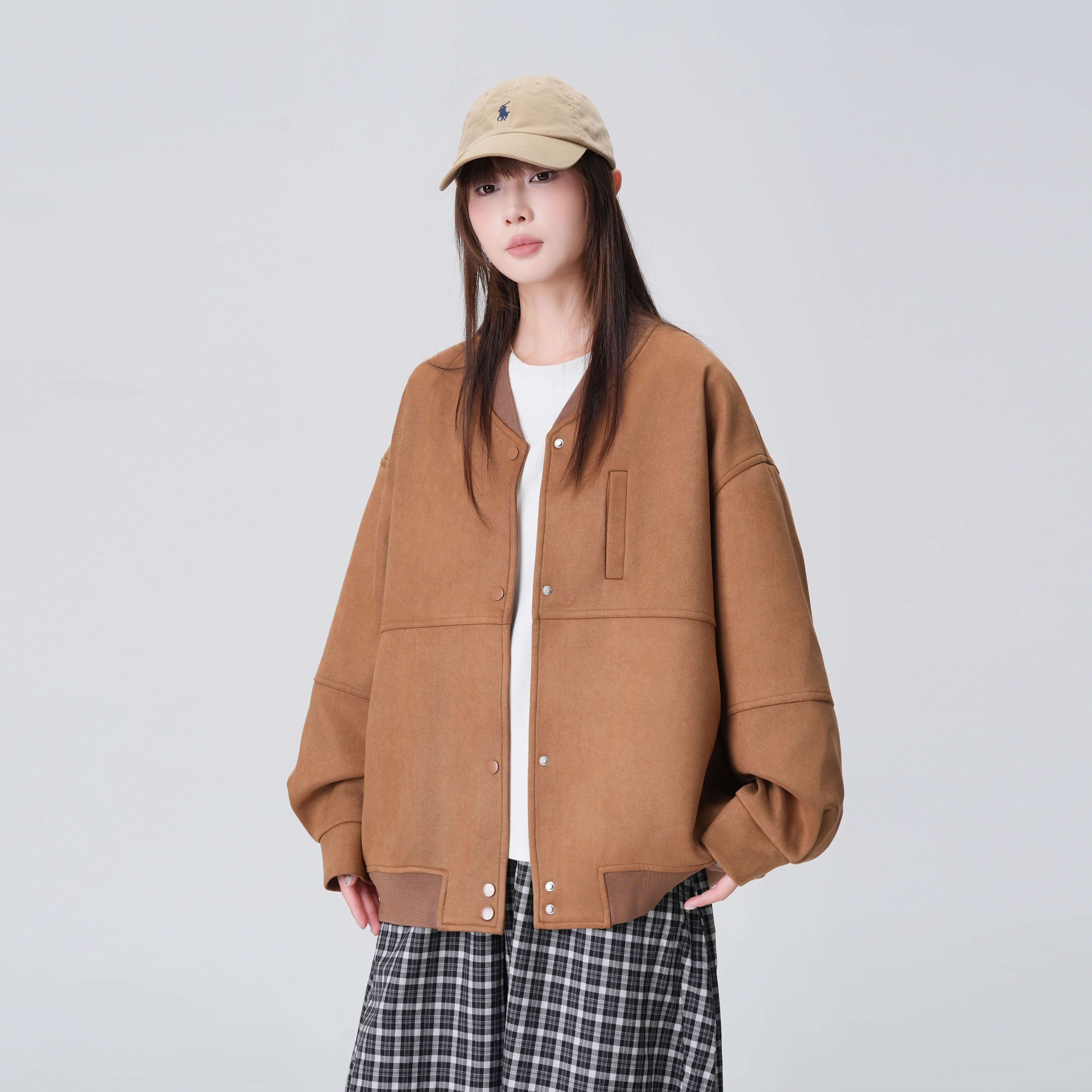 高级感麂皮绒棒球服女宽松休闲