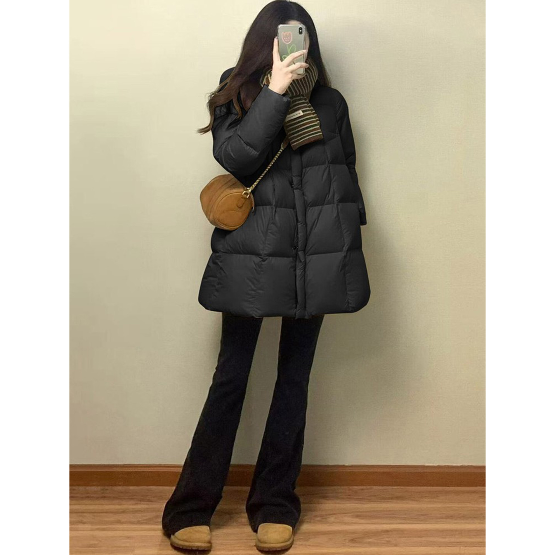 Mostar 韩系黑色连帽羽绒服女冬2025新款设计感小个子中长款外套