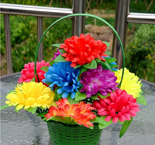 11朵球菊清明祭祀仿真花篮 红黄蓝绿紫色花 手提上坟绢花套装