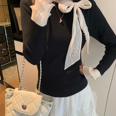 法式洋气蕾丝毛衣蝴蝶结打底衫女秋冬高级感超好看内搭针织衫上衣