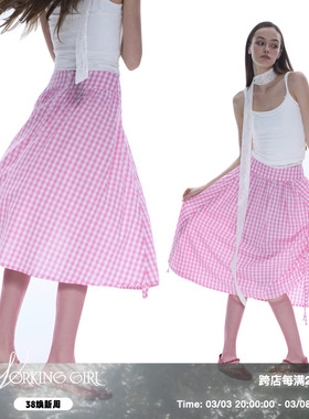 「维希格纹半身裙」Working Girl 系带抽褶粉格野餐裙少女夏天裙