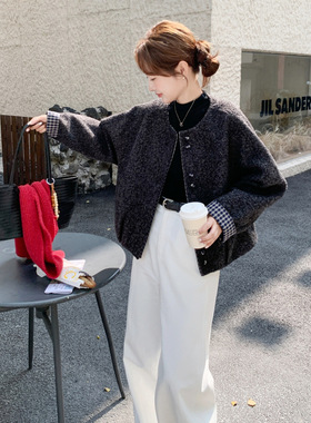 韩系灰色格纹拼接毛呢外套女短款2025秋冬廓形呢子上衣小个子穿搭