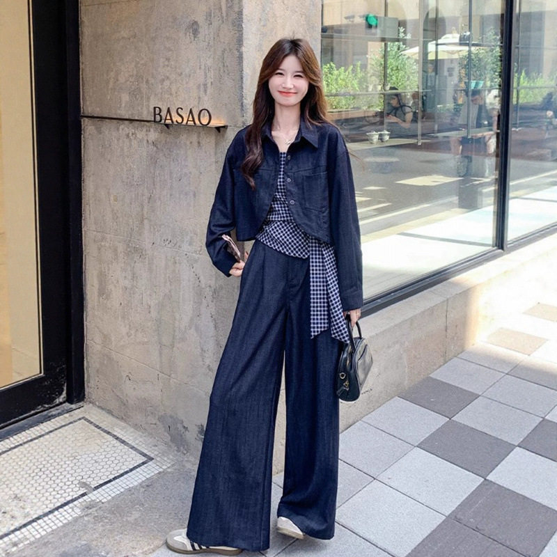 韩系又酷又飒牛仔套装女早秋2025新款高级感格子吊带阔腿裤三件套