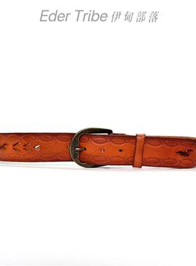 伊甸部落新款复古镂空古铜棕色压纹牛皮女士牛仔裤腰带皮带4cm