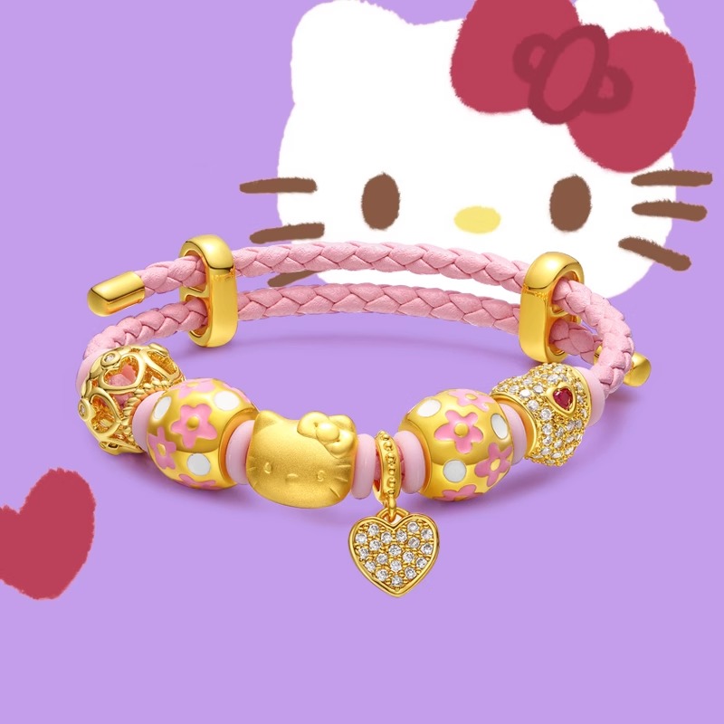 helloKitty手链女蝴蝶结KT猫头爱心真金包银转运珠皮手绳送女友
