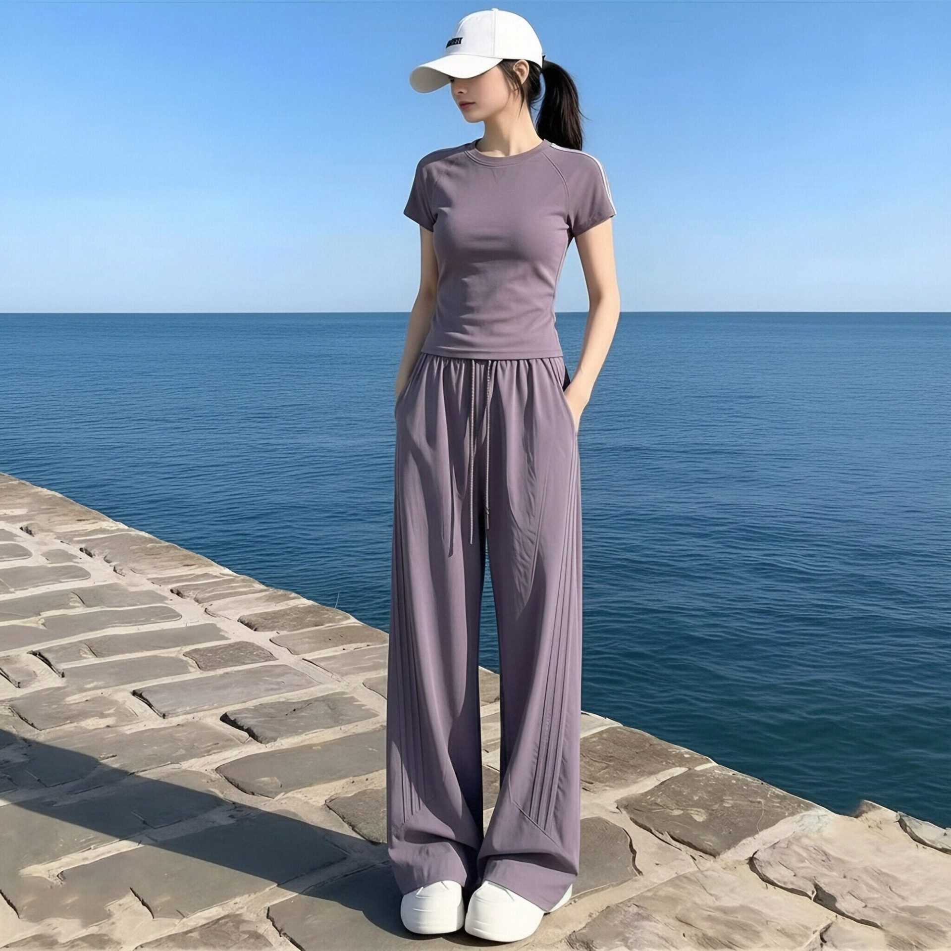 2026韩版夏季新款时尚百搭洋气紫色字母上衣短袖休闲阔腿裤两件套