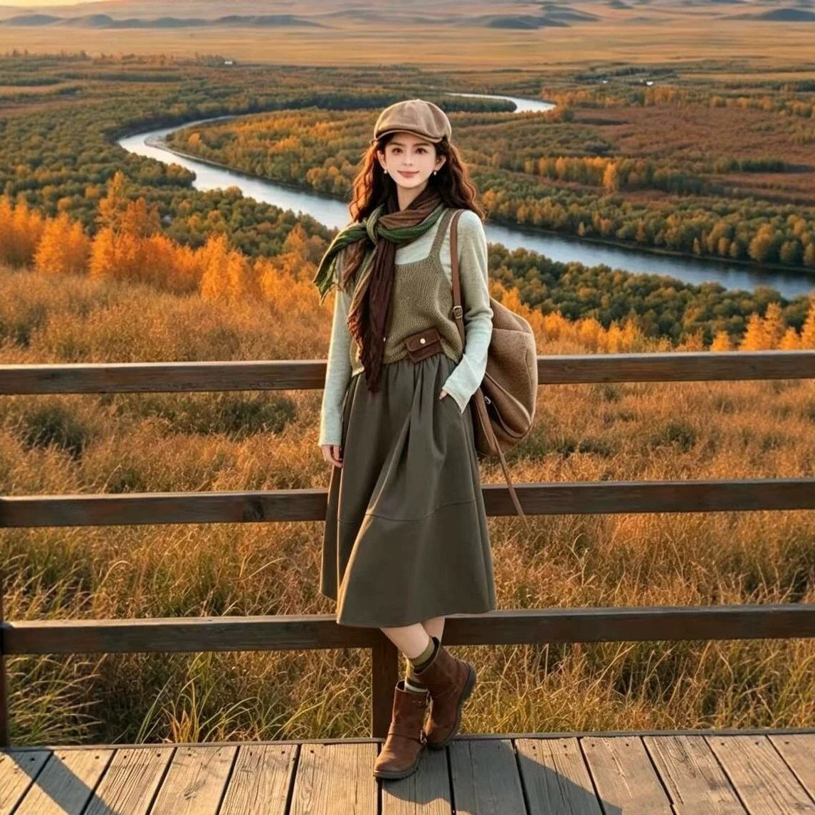 草原新疆旅游巨好看针织马甲半身裙女早秋新款ootd松弛感穿搭套装