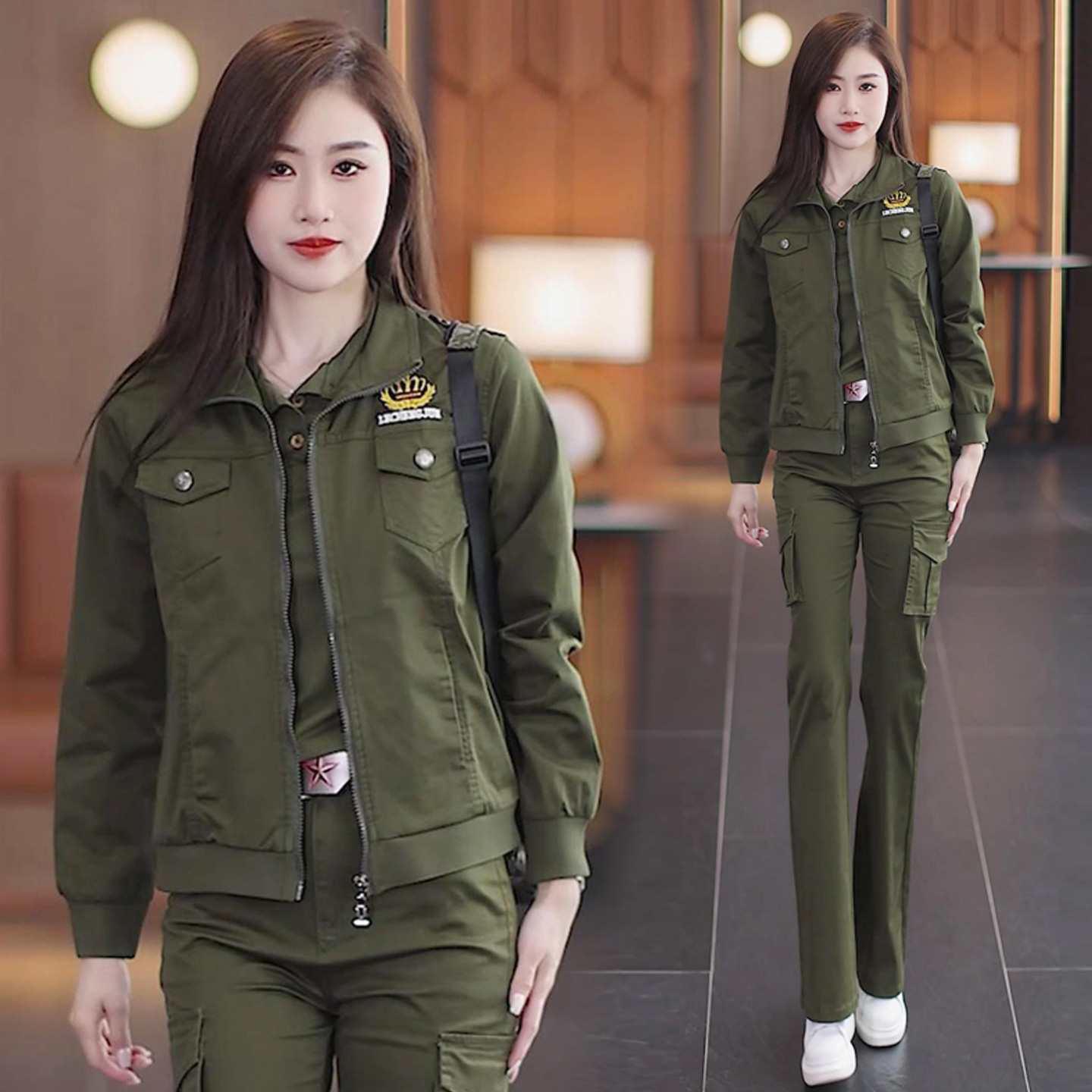 春秋季新款迷彩服工装套装女外套