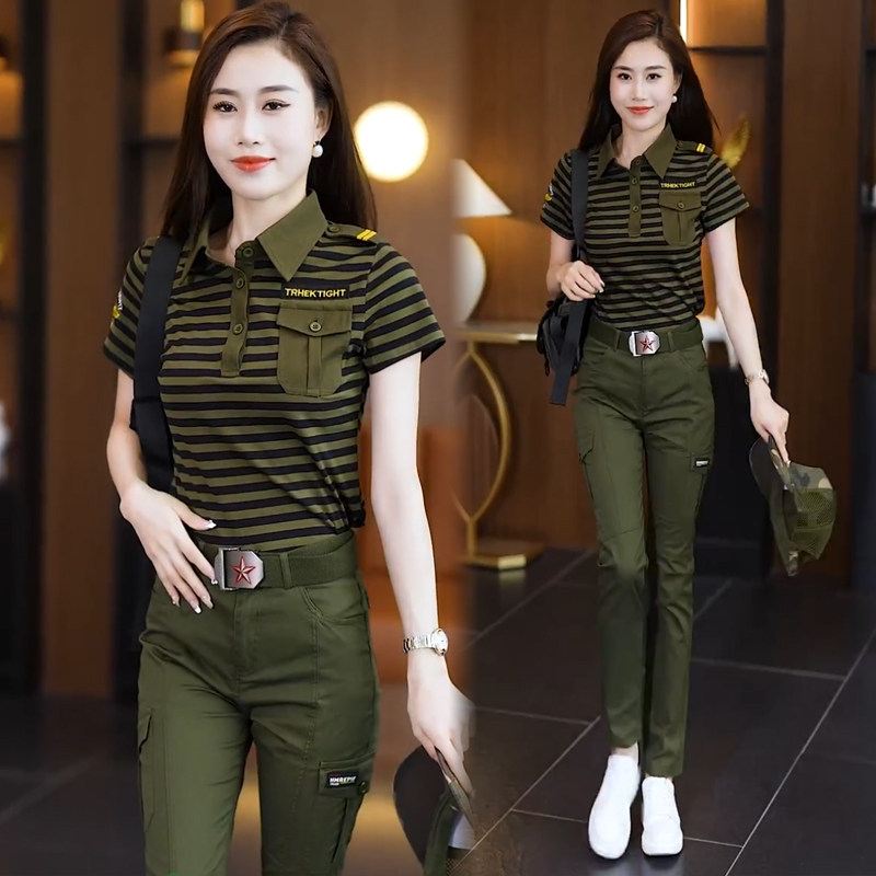 夏季薄款短袖迷彩服女条纹水兵舞曳步舞女士套装女军套装弹力棉