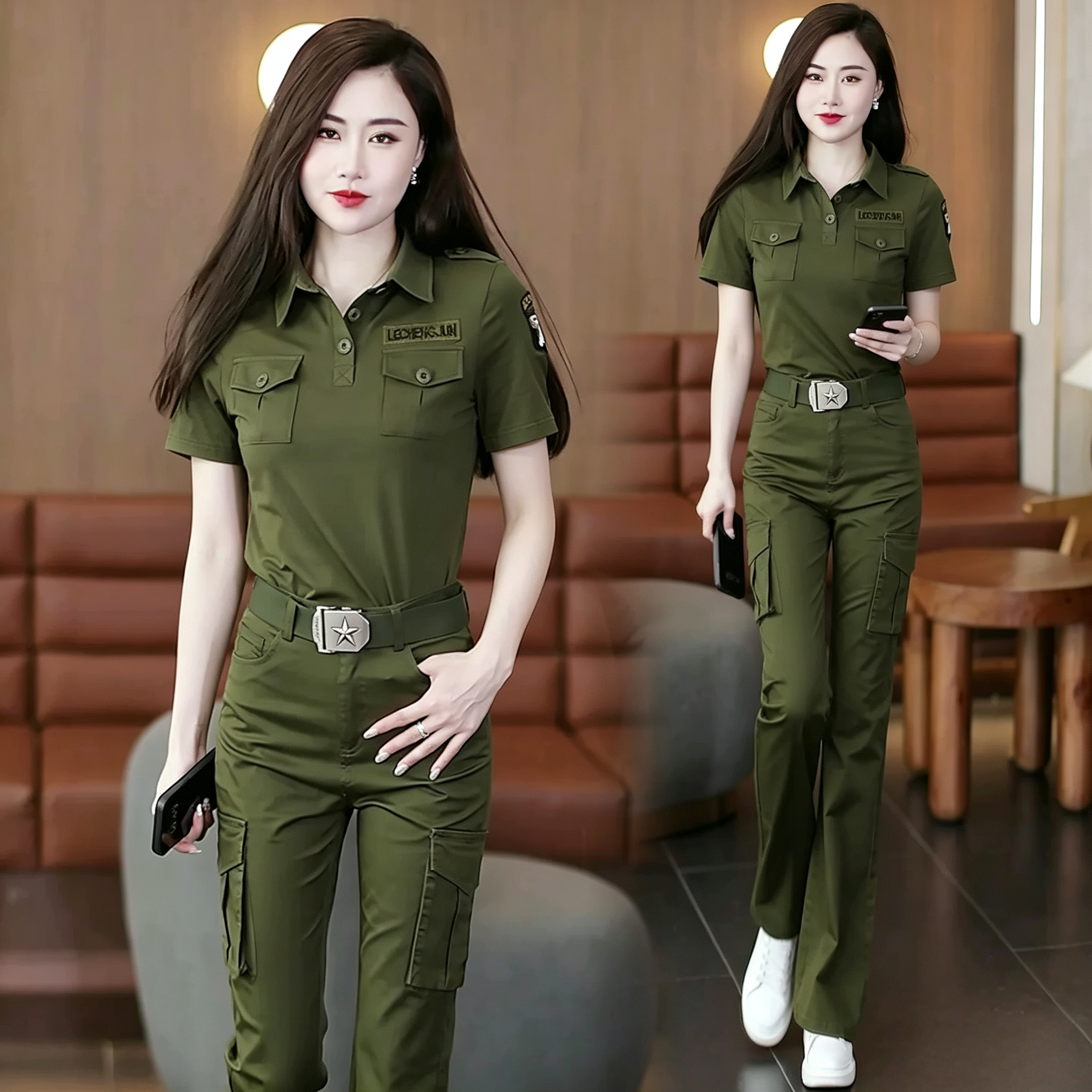 迷彩服套装女士休闲运动正肩高腰2026夏季薄款工装微喇裤两件套潮