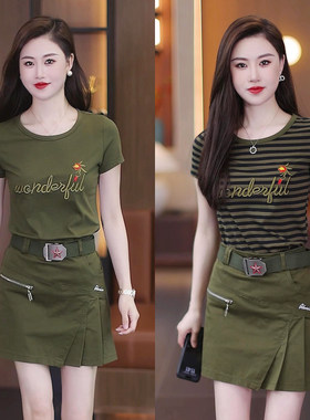 女生条纹迷彩服套装夏季新款棉布