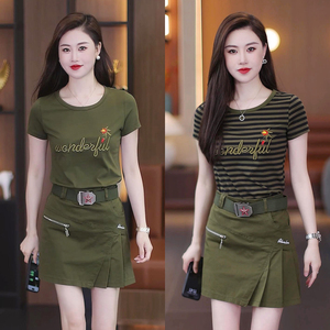 女生条纹迷彩服套装夏季新款棉布