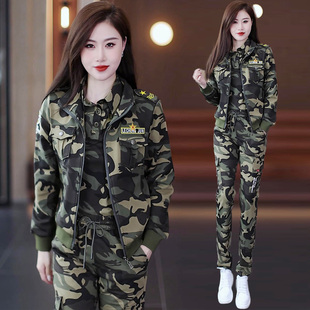 炸街户外迷彩服套装女春秋新款棉质休闲运动多口袋工装裤一整套潮