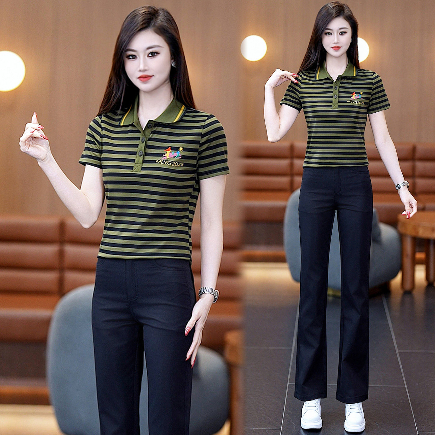 女士迷彩工装套装小个子酷飒风休闲高端微喇裤条纹两件套美式夏款