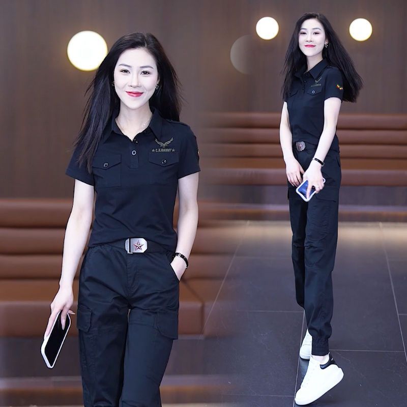 迷彩服套装女军套装显瘦修身半袖多口袋舞蹈健身弹力两件套黑色潮