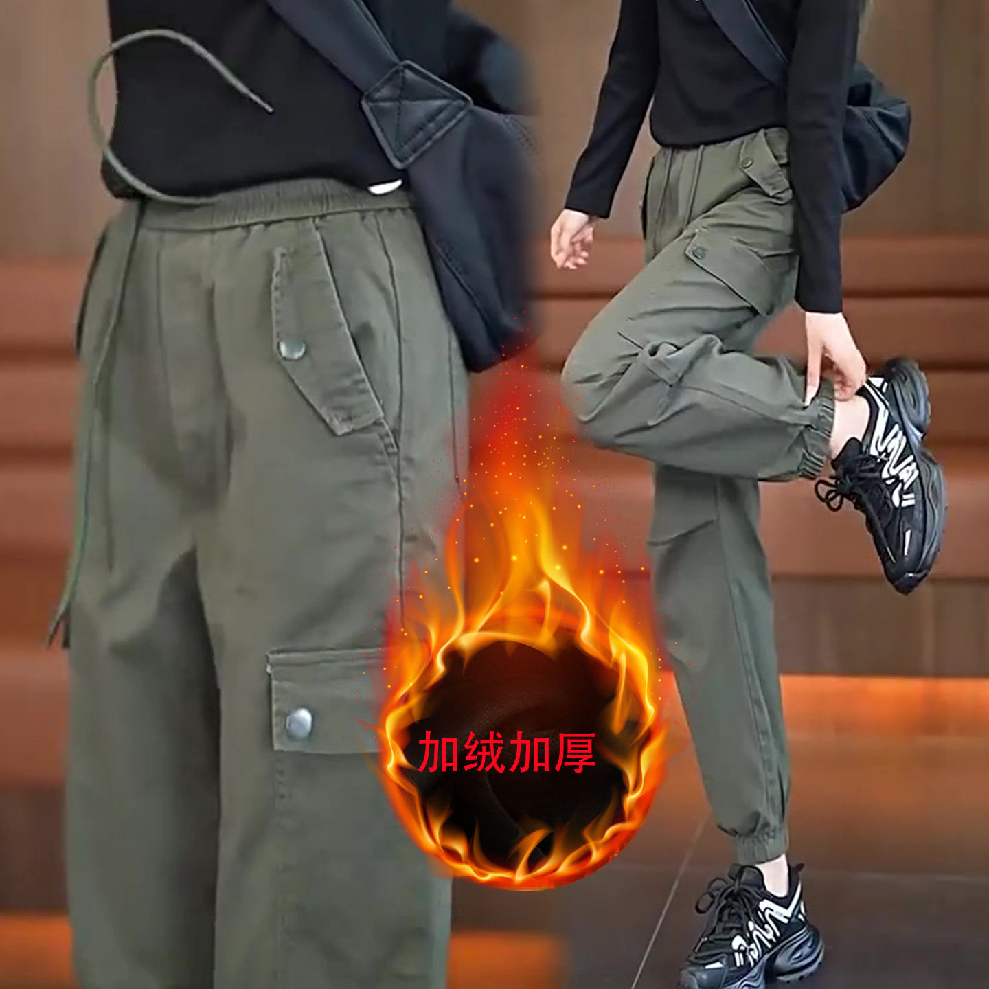 工装裤女款冬季加绒加厚新款棉户外登山裤多口袋休闲束脚裤子潮流