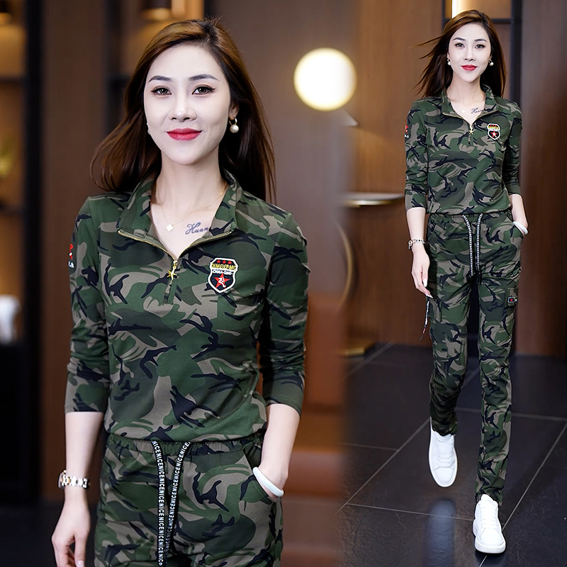 迷彩服套装女春秋新款长袖棉质工装裤休闲水兵舞服两件套立领潮流
