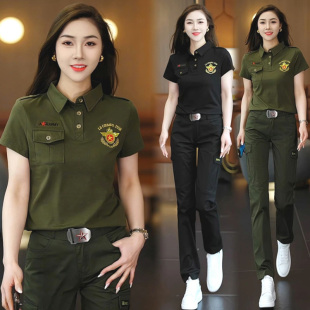 潮 衬衣领POLO衫 新款 迷彩服套装 女直筒裤 夏季 半袖 长裤 工装 显瘦大码