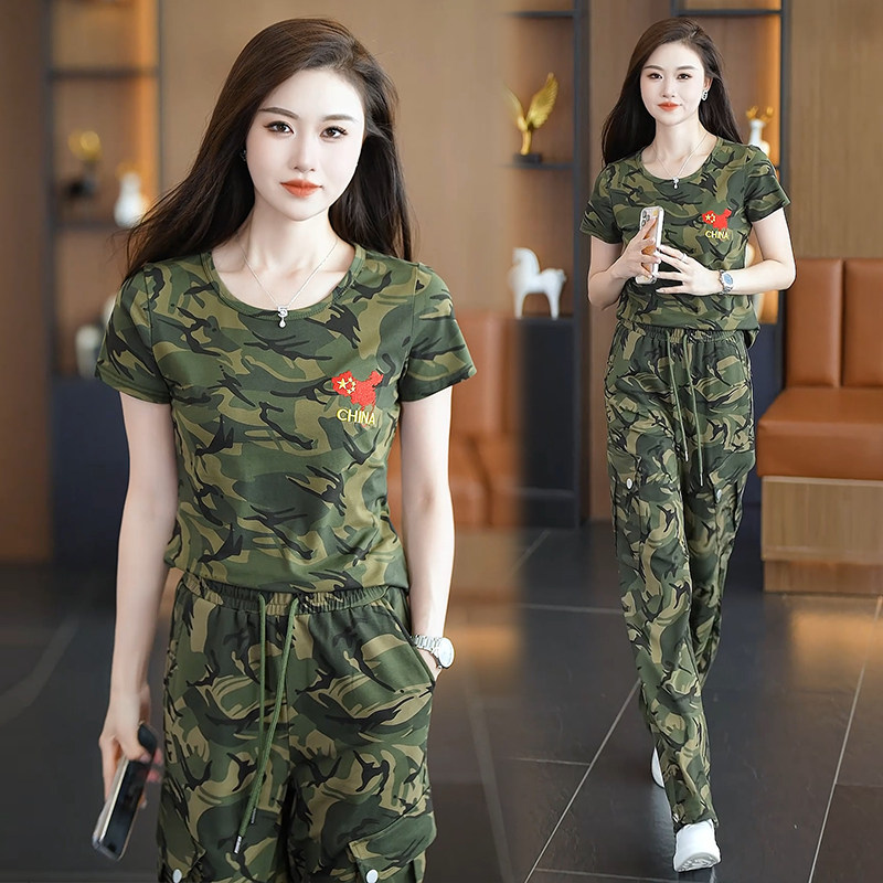 夏季新品圆领短袖版型迷彩服套装女大码工装裤松紧腰长裤水兵舞服