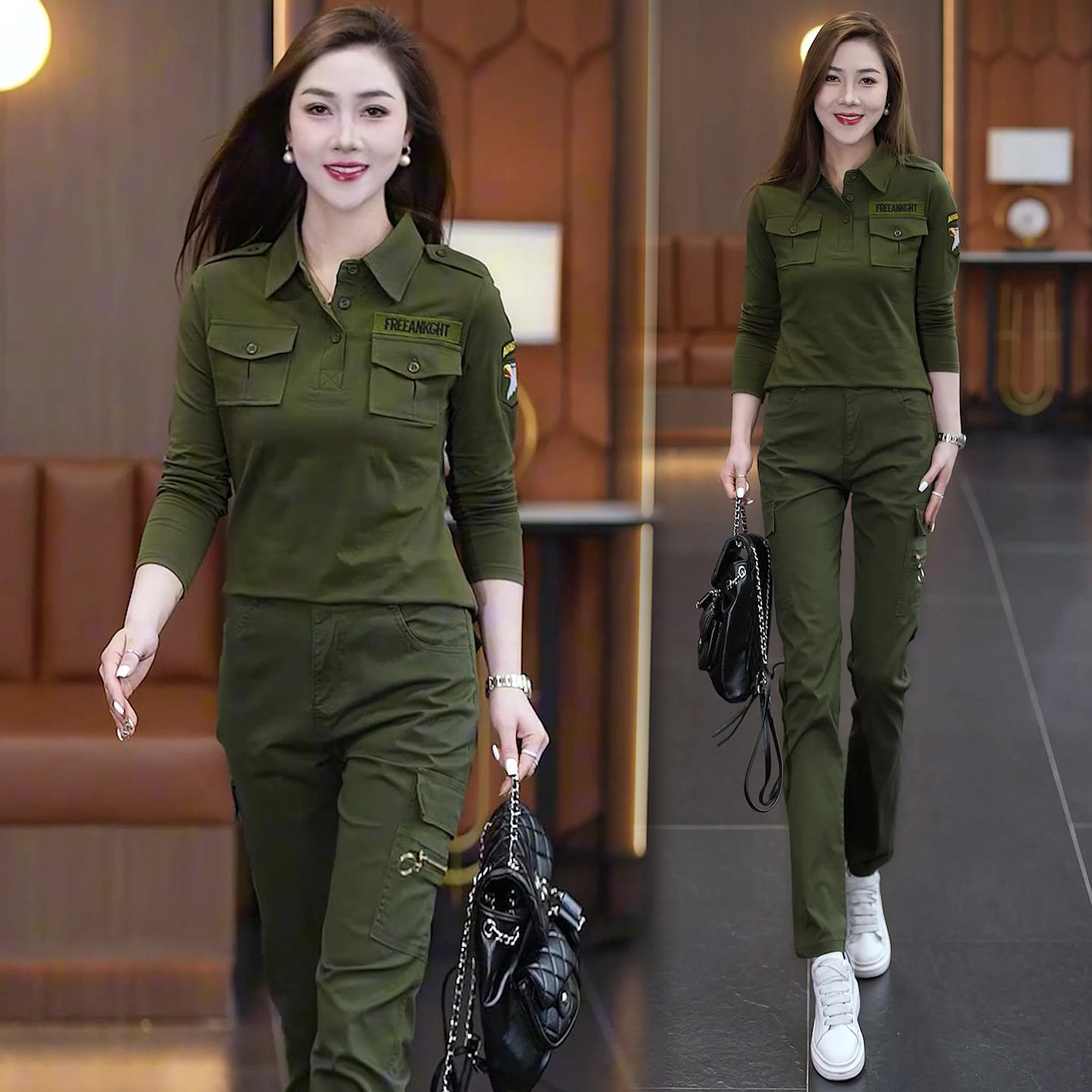 女士酷飒风工装迷彩套装演出服军旅军绿色舞蹈服爬山户外军迷长袖
