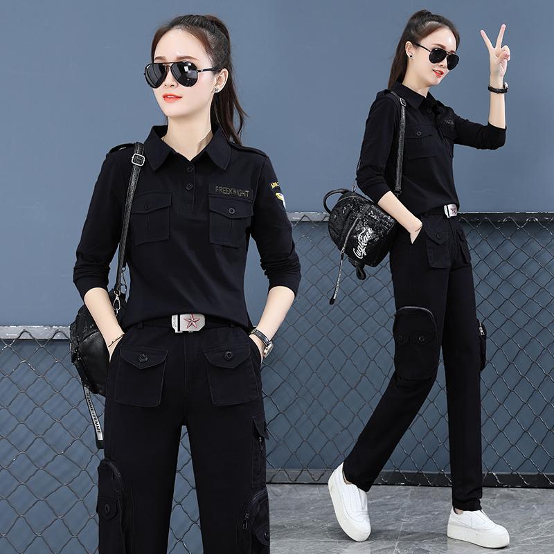 春秋季新款迷彩服女装黑色长袖休闲翻领工装长裤套装显瘦爆款潮流