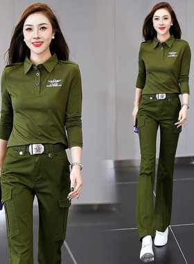 女士军迷彩服套装休闲水兵舞真品军绿色两件套长袖秋衣翻领体恤衫