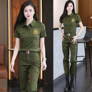 女士军绿迷彩服套装大码时尚酷飒风短袖弹力显瘦军迷服饰广场舞服