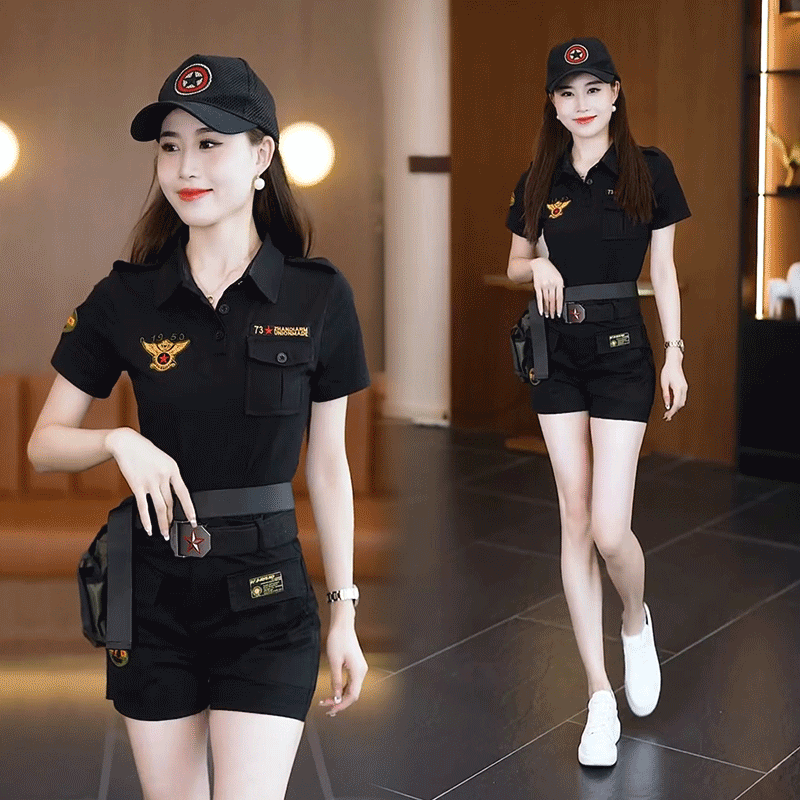 夏季新款黑色迷彩服套装女休闲军迷服饰显瘦显高又酷又飒套装