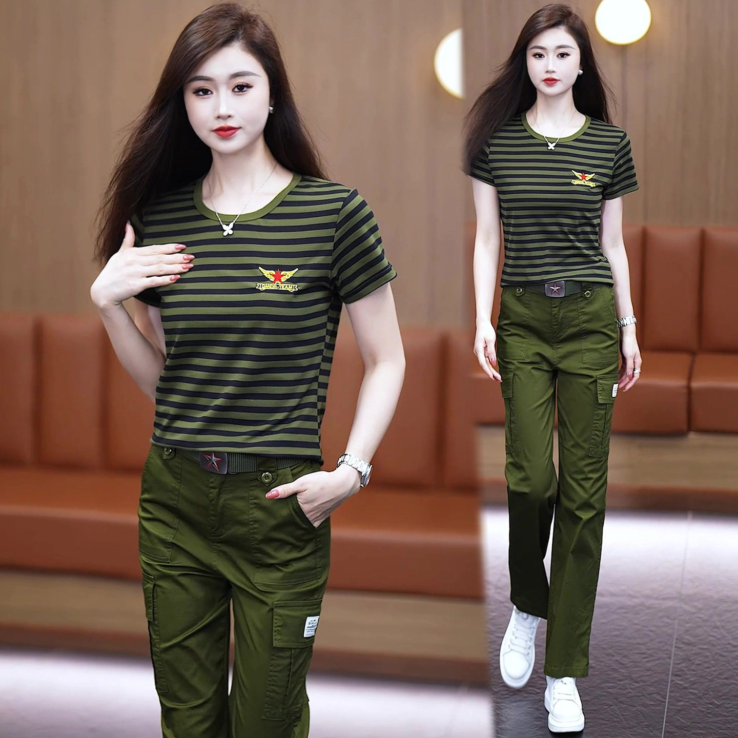 夏天女士军工装迷彩服套装条纹军绿女装两件套圆领半袖大码水兵舞