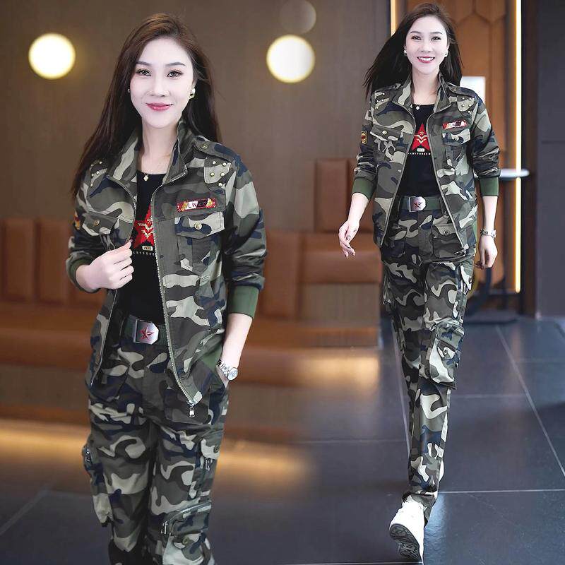 秋季新款爆款炸街工装裤女裤春秋裤子女短款外套正肩上衣迷彩套装
