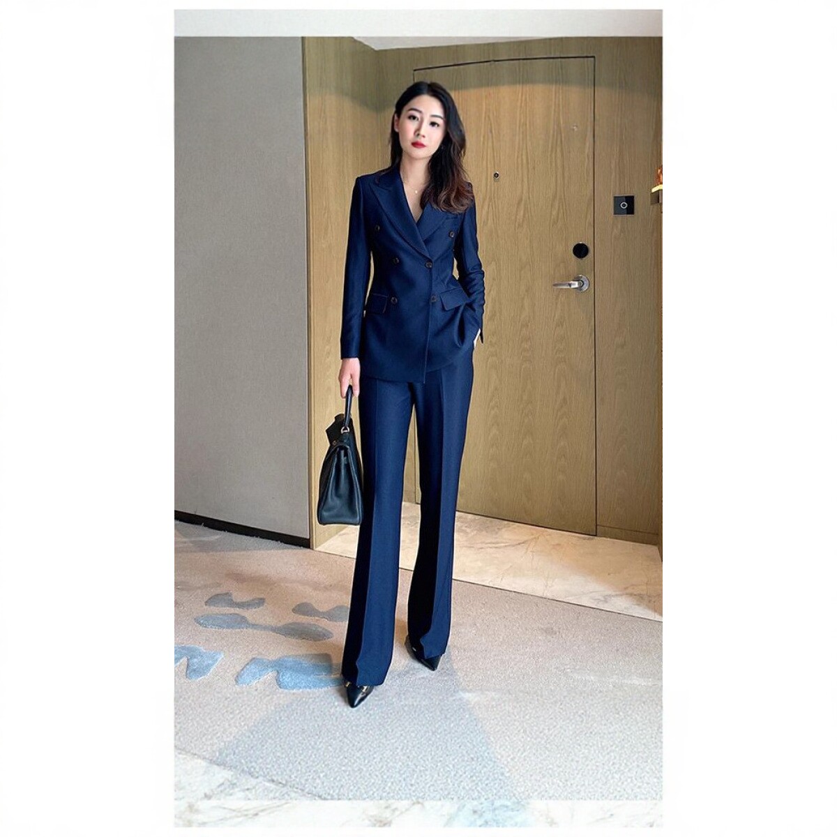 2026藏青色修身气质显高瘦喇叭裤西服女士商务套西OL通勤西装套装