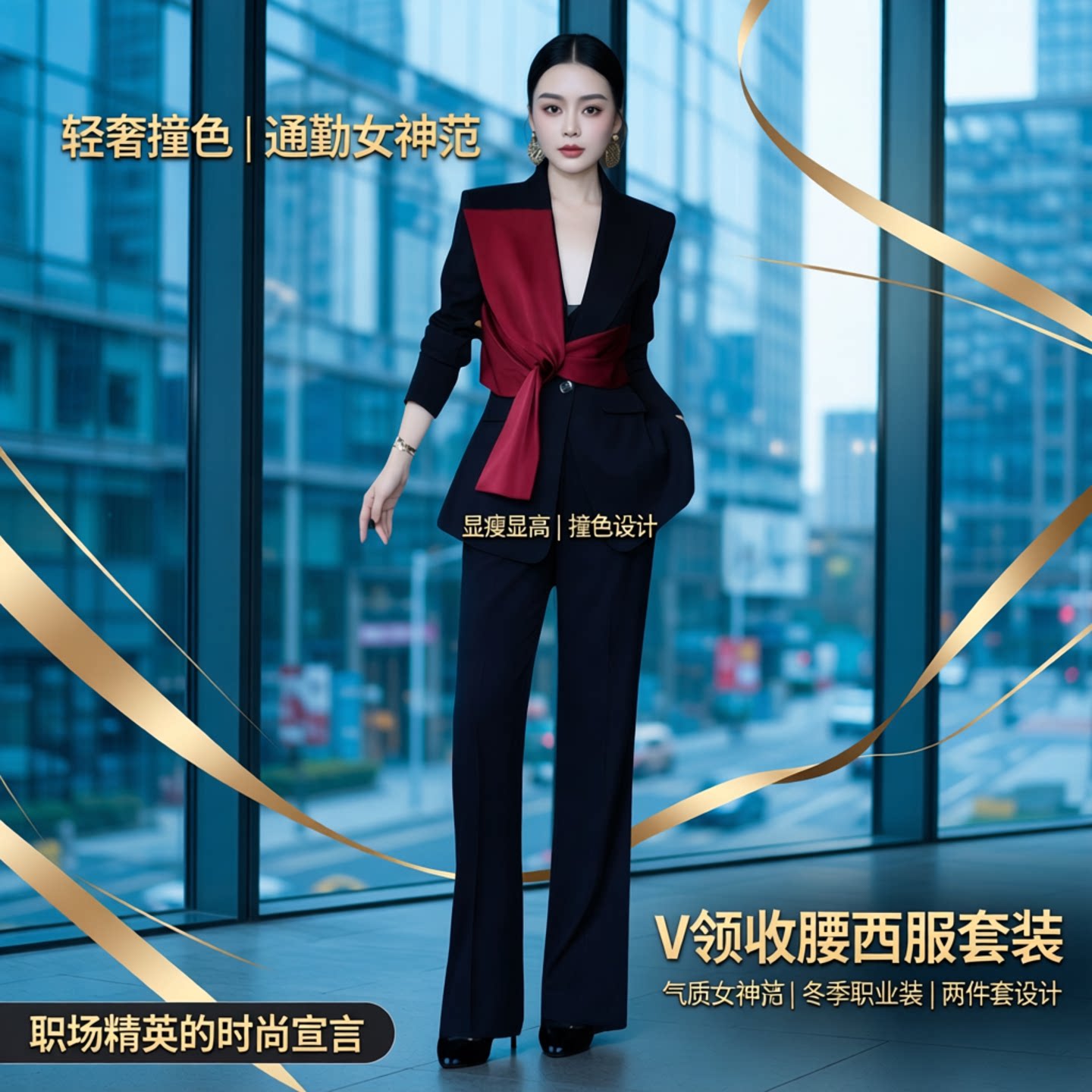 轻奢撞色V领收腰显瘦西服套职业