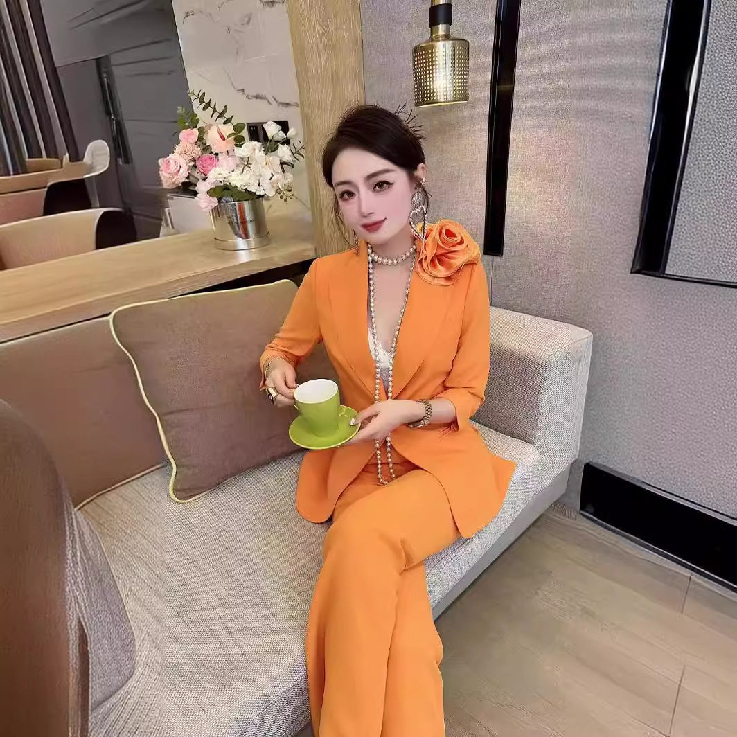高端设计感西装套装薄款2024春夏职业装七分袖花朵西服正装两件套