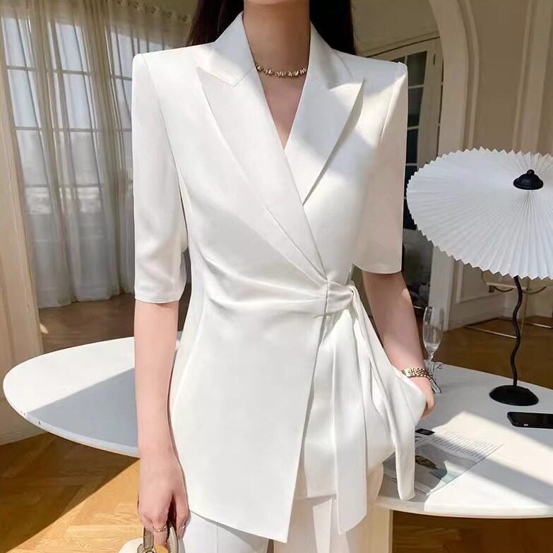 高品质现货夏女韩版修身时尚气质高级感休闲白色蓝色职业西服套装