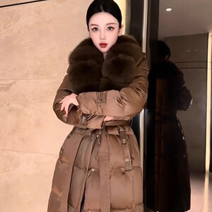 高端皮草拼接羽绒服女长款大毛领收狐狸腰加厚过膝外套时尚洋气