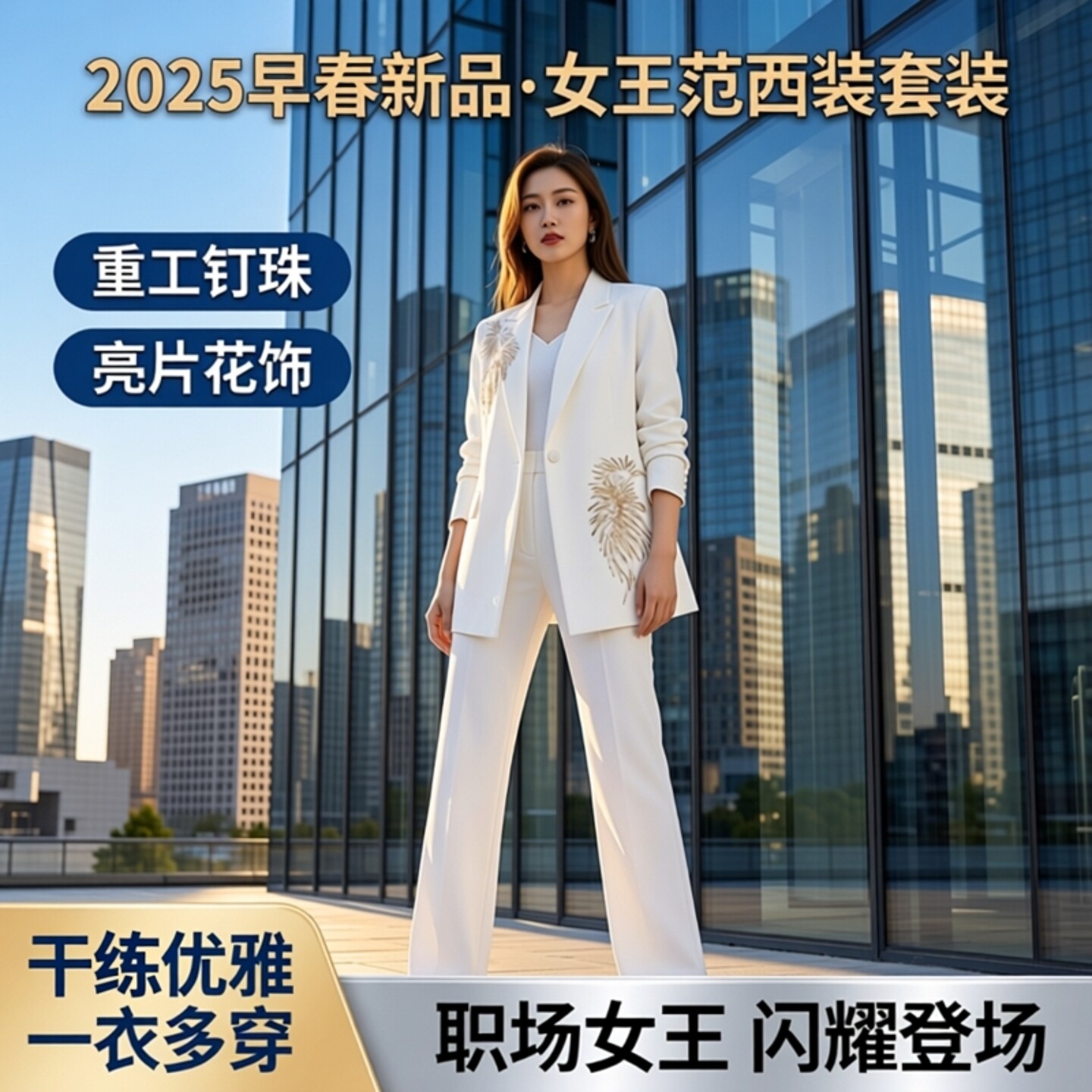 2026早春新品干练女王范重工钉珠亮片花长袖西装外套直筒长裤套装