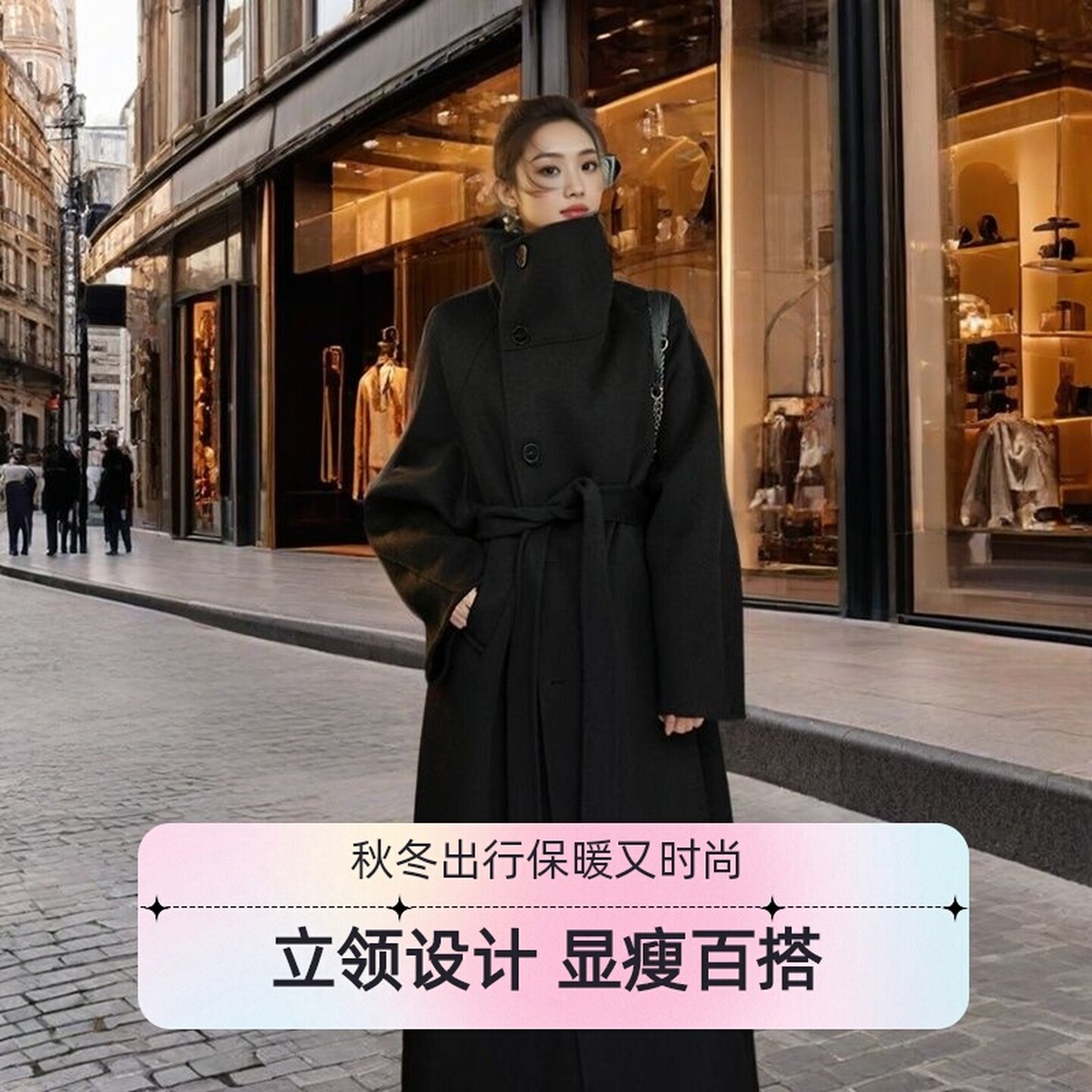 优雅风立领羊毛中长款大衣女显瘦